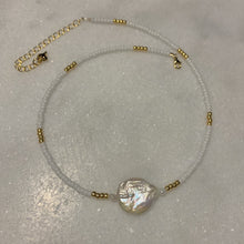 Load image into Gallery viewer, gold and white glass seed bead necklace with freshwater pearl and coin pearl and gold finishes
