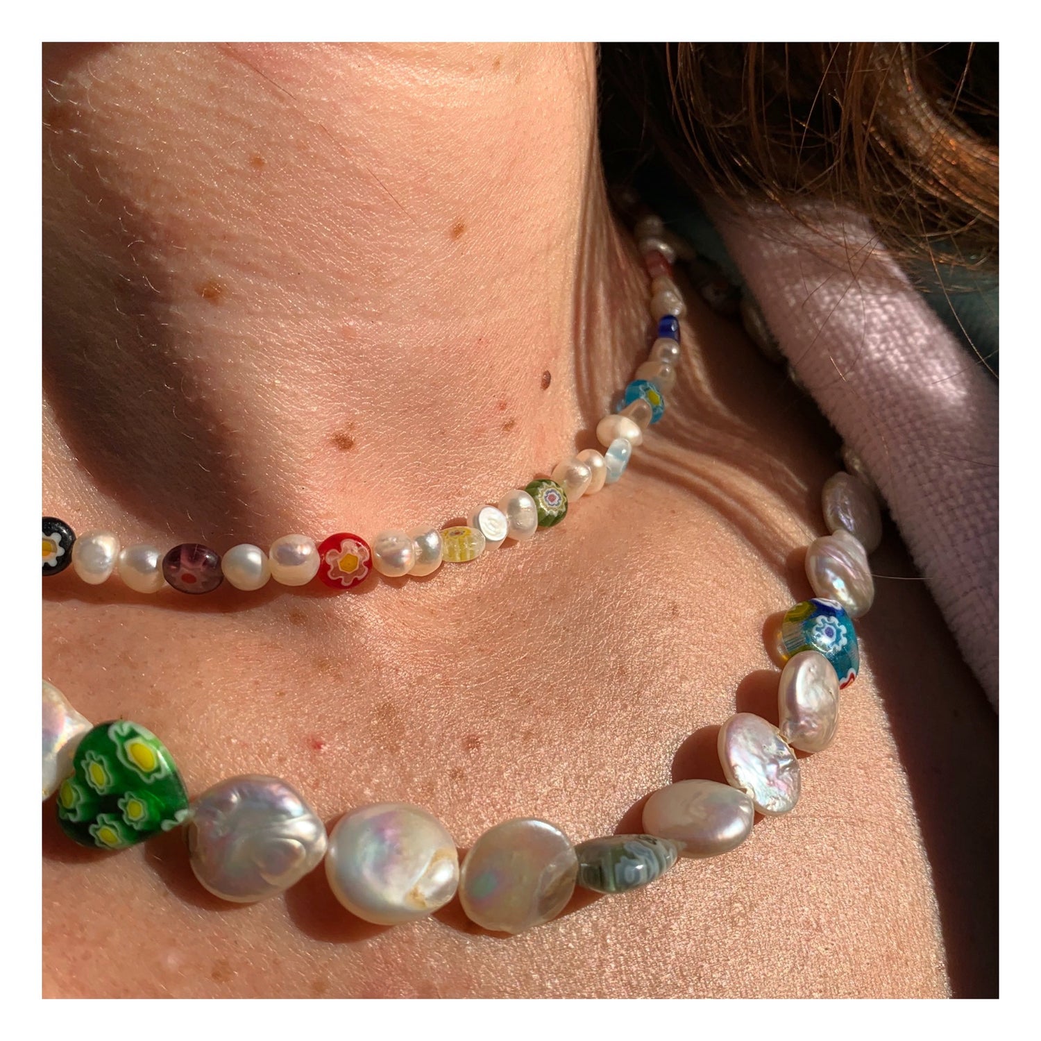 pearl and millefiori bead necklaces 